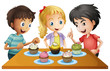Vecteur : Three kids at the table with cupcakes Three kids at the table with cupcakes