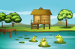 A pond with three playful frogs