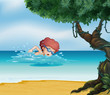 A young man swimming at the beach with an old tree