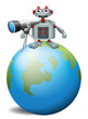 Vector: A robot with a telescope.above the planet earth A robot with a telescope.above the planet earth