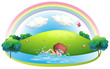 A young man swimming near the hill with a rainbow
