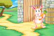 A bunny holding a carrot outside the barn