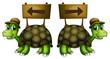 Turtles carrying wooden signboards