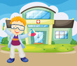 A scientist holding an apparatus outside the hospital