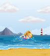 Vector: A girl swimming at the sea with a beacon at the back A girl swimming at the sea with a beacon at the back