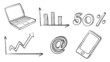A laptop, graph, phone and other symbols