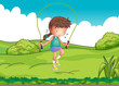 A girl playing jumping rope at the top of the hill