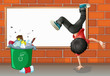 Vector: A boy breakdancing near a trash can with an empty board A boy breakdancing near a trash can with an empty board