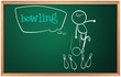 A blackboard with a drawing of a kid playing bowling
