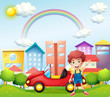 Vektor: A boy and his red car near the high buildings A boy and his red car near the high buildings