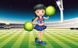 A cute girl with green pompoms