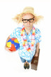 Trauriger Nerd mit Wasserball und Koffer