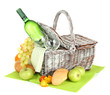 Picnic basket with fruits and bottle of wine, isolated on white