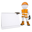 3d white man in overalls holding a calendar