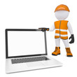3d white man in overalls holding a laptop