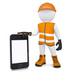 3d white man in overalls holding a smartphone