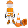 3d man in overalls beside traffic cones