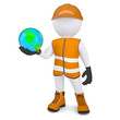 3d white man in overalls holding the Earth