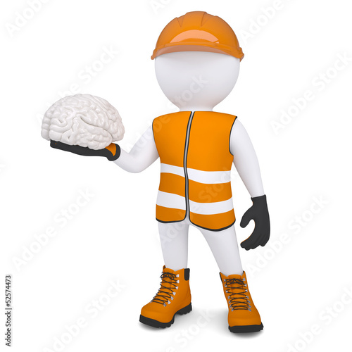 Illustration: 3d white man in overalls holding a brain 3d white man in overalls holding a brain