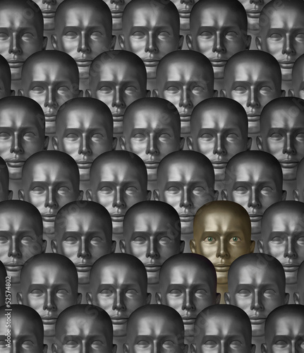 Illustration: Metallic robot androids one with human eyes Metallic robot androids one with human eyes