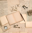 open book, vintage accessories, old letters and documents