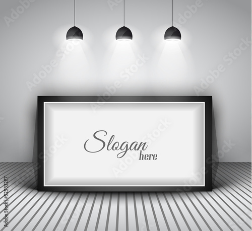 Vector: Modern interior art gallery frame design with spotlights. Modern interior art gallery frame design with spotlights.