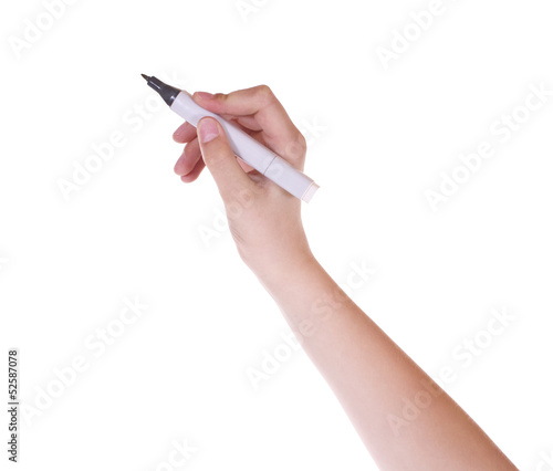 Photo: Hand mit Stift vor weissem Hintergrund Hand mit Stift vor weissem Hintergrund