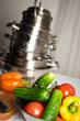 Raw vegetables and kitchen utensil close-up
