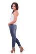 casual woman looks back