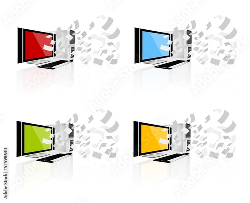 Vector: Laptop and flying data, information sharing concept Laptop and flying data, information sharing concept