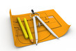 blueprint with pencil and drawing compass