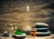 Vials of perfume oils in fragrance lab