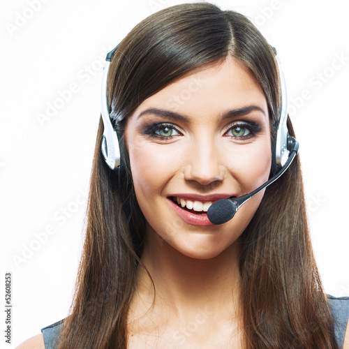 Photo: Smiling woman operator isolated on white backgroun Smiling woman operator isolated on white backgroun
