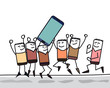 Personnage carré montrant une tablette/téléphone