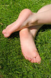 Childs bare feet in green grass