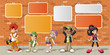 hipster cartoon young people in front of orange brick wall