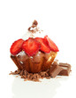 Tasty muffin cake with strawberries and chocolate, isolated