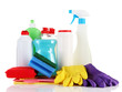 Bottles of dishwashing liquid and kitchen cleaners, isolated