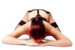 A kneeling down woman head on floor