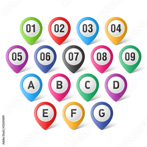 Vector: Set of map pointers with numbers and letters Set of map pointers with numbers and letters