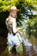 woman fishing in Jizera river, Czech Republic