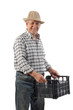 a man carries a plastic basket