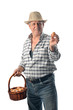 farmer man holds a basket with eggs 