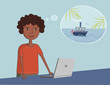 African-American black guy near the laptop thinks about vacation