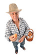 farmer man holds a basket with eggs 