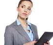 young attractive business woman uses a mobile tablet computer wi