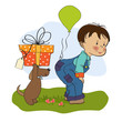 Vector: little boy and his dog, birthday card little boy and his dog, birthday card