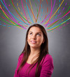 Young girl thinking with colorful abstract lines overhead