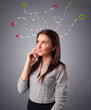 Young woman thinking with abstract marks overhead