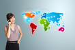 young woman making phone call with colorful world map